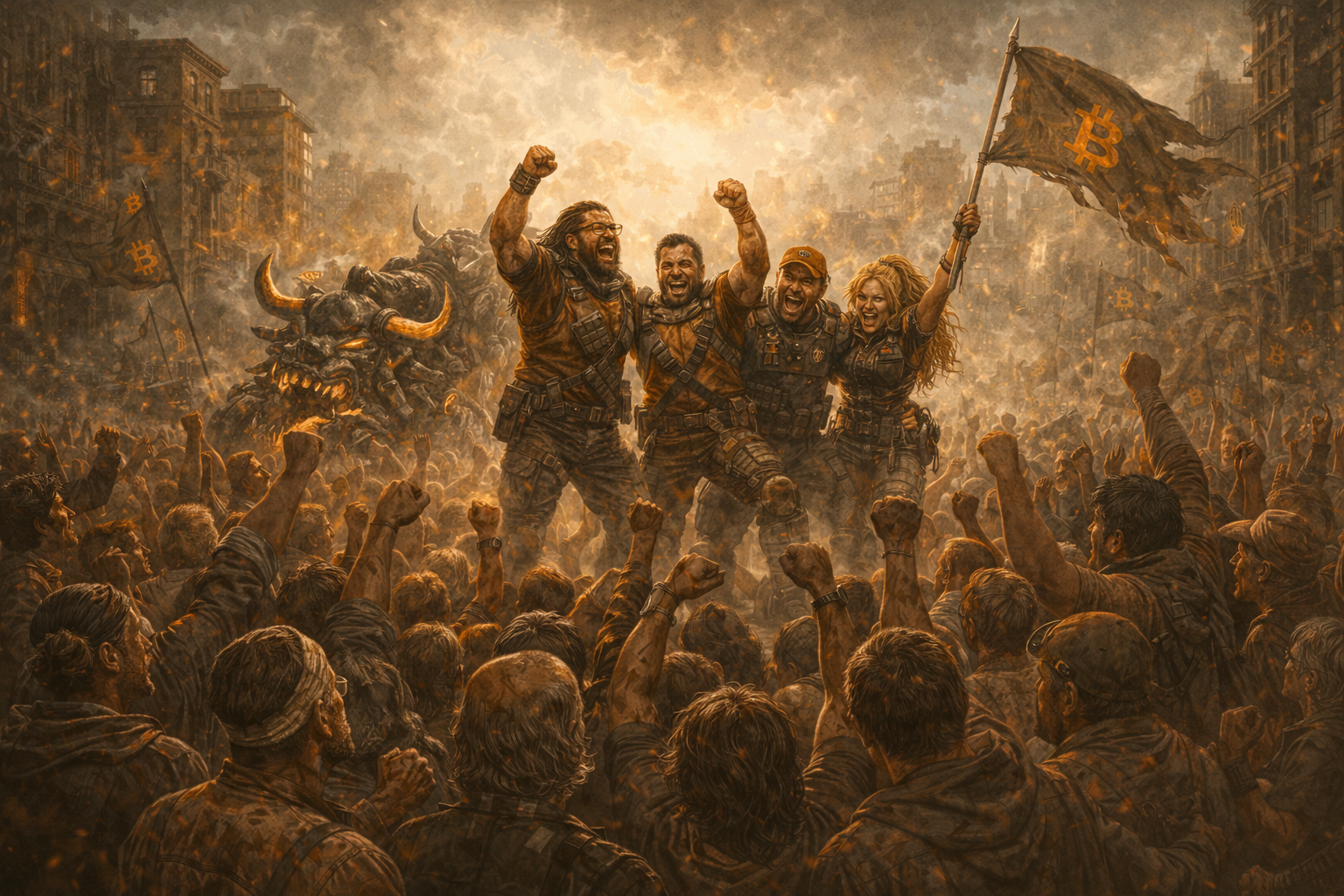The Noderunners standing together above a city in revolt